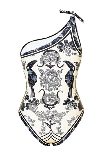 Svart Vit One Shoulder Print Beach Baddräkt med Cover Up