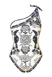 Svart Vit One Shoulder Print Beach Baddräkt med Cover Up
