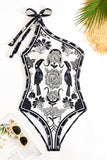 Svart Vit One Shoulder Print Beach Baddräkt med Cover Up