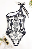 Svart Vit One Shoulder Print Beach Baddräkt med Cover Up