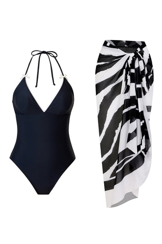 Halter Black One Piece Baddräkt med Cover Up