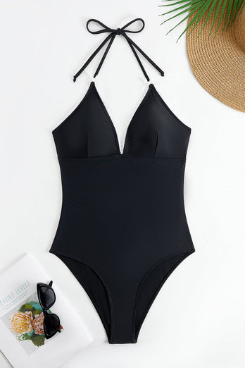 Halter Black One Piece Baddräkt med Cover Up