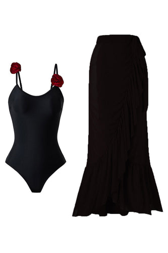 Svart Spaghetti Straps One Piece Baddräkt med Ruffled Cover Up