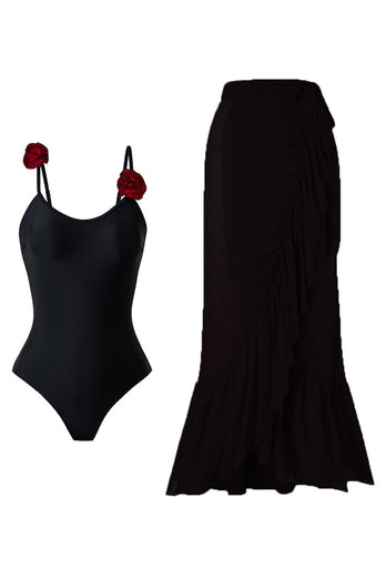 Svart Spaghetti Straps One Piece Baddräkt med Ruffled Cover Up