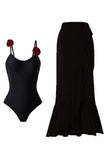 Svart Spaghetti Straps One Piece Baddräkt med Ruffled Cover Up