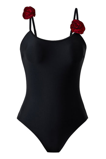 Svart Spaghetti Straps One Piece Baddräkt med Ruffled Cover Up