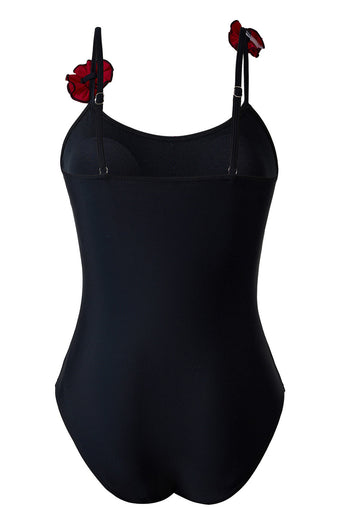 Svart Spaghetti Straps One Piece Baddräkt med Ruffled Cover Up