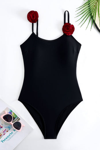 Svart Spaghetti Straps One Piece Baddräkt med Ruffled Cover Up