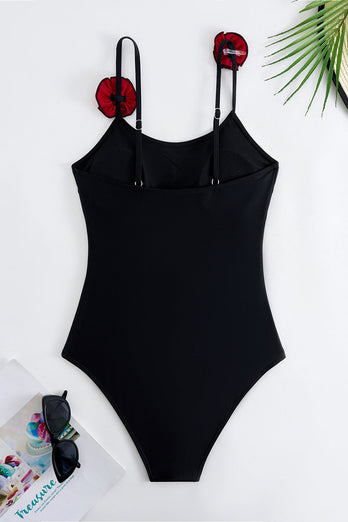 Svart Spaghetti Straps One Piece Baddräkt med Ruffled Cover Up