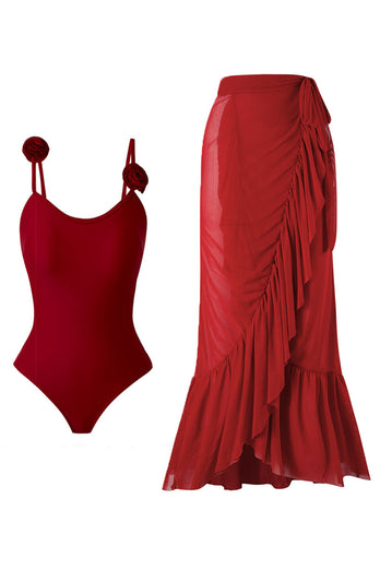 Svart Spaghetti Straps One Piece Baddräkt med Ruffled Cover Up