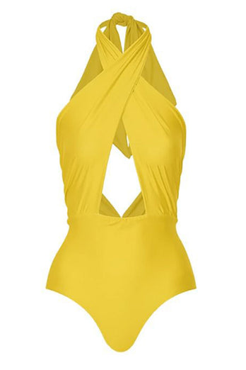 Halter One Piece Gul Tryckt Badkläder