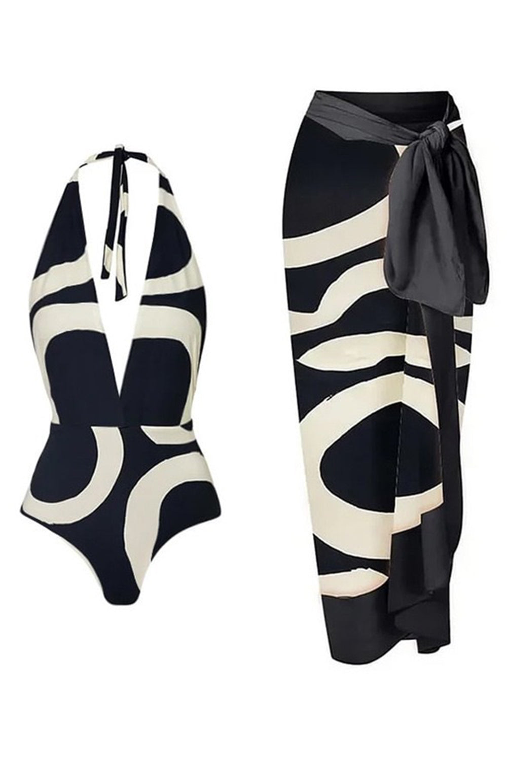 Halter One Piece Svart Och Vit Tryckta Badkläder