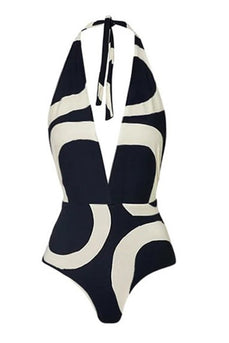 Halter One Piece Svart Och Vit Tryckta Badkläder