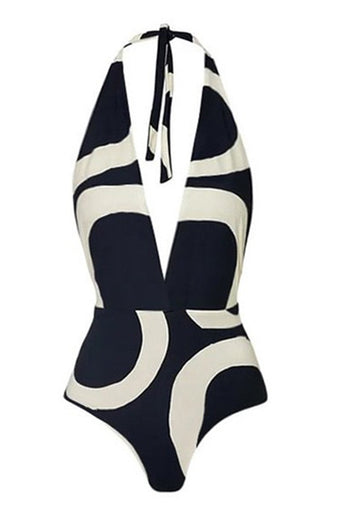Halter One Piece Svart Och Vit Tryckta Badkläder