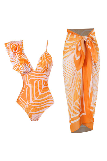 Halter One Piece Orange Tryckta Badkläder