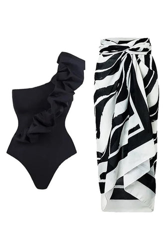 Svart Vit Ett Stycke Ruffled Beach Badkläder