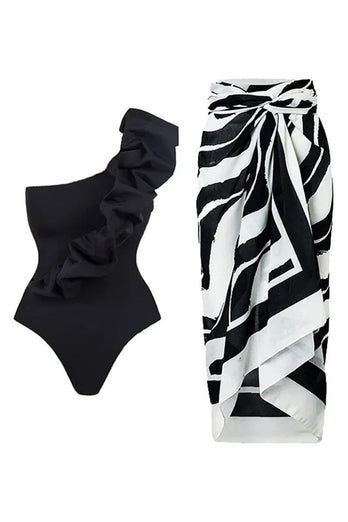 Svart Vit Ett Stycke Ruffled Beach Badkläder