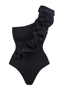 Svart Vit Ett Stycke Ruffled Beach Badkläder