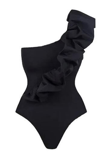Svart Vit Ett Stycke Ruffled Beach Badkläder