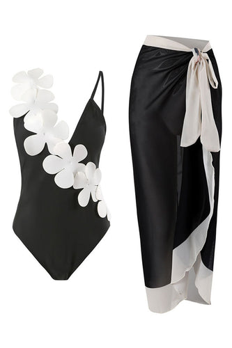 Svart Vit One Piece V Neck Beach Badkläder med 3D Blommor