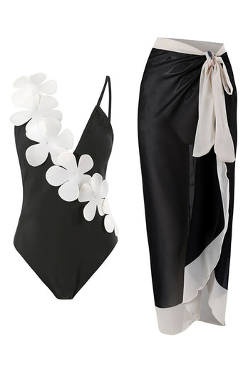 Svart Vit One Piece V Neck Beach Badkläder med 3D Blommor