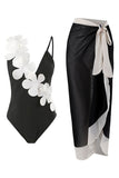 Svart Vit One Piece V Neck Beach Badkläder med 3D Blommor