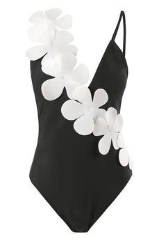Svart Vit One Piece V Neck Beach Badkläder med 3D Blommor