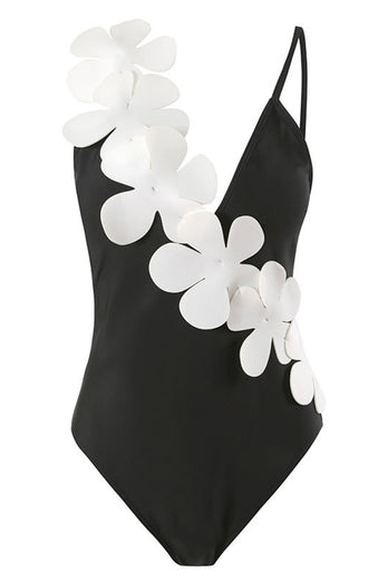 Svart Vit One Piece V Neck Beach Badkläder med 3D Blommor