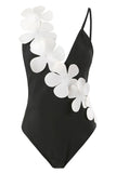 Svart Vit One Piece V Neck Beach Badkläder med 3D Blommor