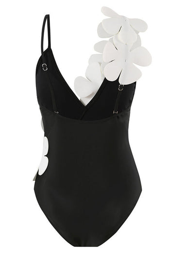Svart Vit One Piece V Neck Beach Badkläder med 3D Blommor