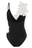 Svart Vit One Piece V Neck Beach Badkläder med 3D Blommor