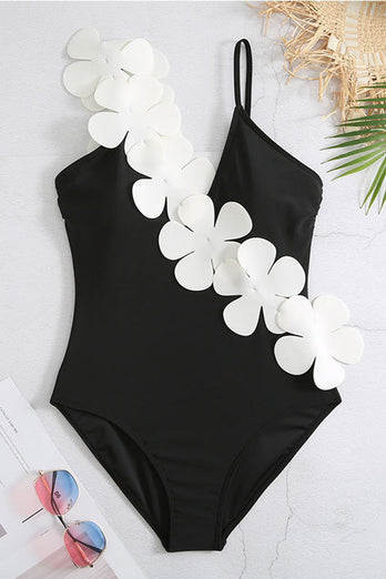 Svart Vit One Piece V Neck Beach Badkläder med 3D Blommor