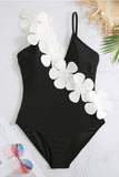 Svart Vit One Piece V Neck Beach Badkläder med 3D Blommor