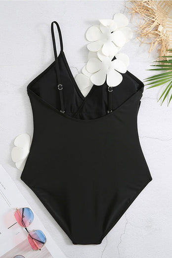 Svart Vit One Piece V Neck Beach Badkläder med 3D Blommor