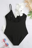 Svart Vit One Piece V Neck Beach Badkläder med 3D Blommor