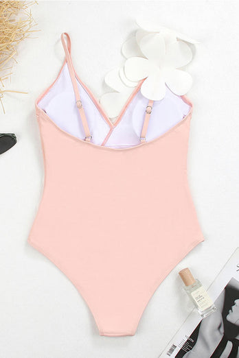 Svart Vit One Piece V Neck Beach Badkläder med 3D Blommor