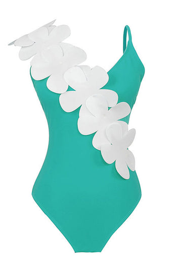 Svart Vit One Piece V Neck Beach Badkläder med 3D Blommor
