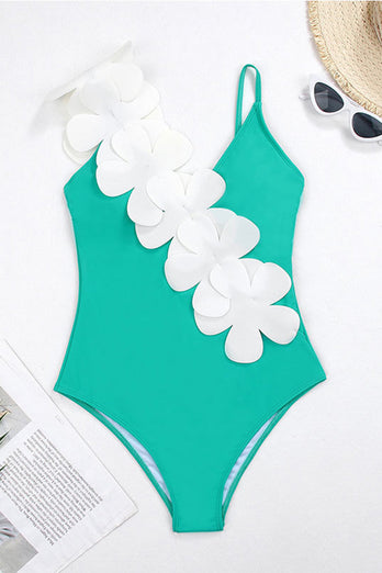 Svart Vit One Piece V Neck Beach Badkläder med 3D Blommor