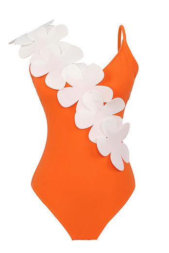 Svart Vit One Piece V Neck Beach Badkläder med 3D Blommor