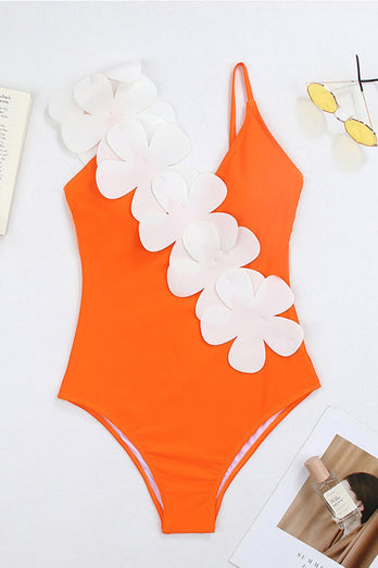 Svart Vit One Piece V Neck Beach Badkläder med 3D Blommor
