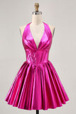 Metallic Fuchsia Halter Plisserad Kort Balklänning
