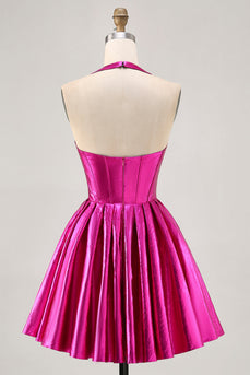 Metallic Fuchsia Halter Plisserad Kort Balklänning