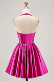 Metallic Fuchsia Halter Plisserad Kort Balklänning