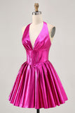 Metallic Fuchsia Halter Plisserad Kort Balklänning