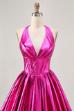 Metallic Fuchsia Halter Plisserad Kort Balklänning