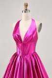 Metallic Fuchsia Halter Plisserad Kort Balklänning