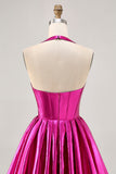 Metallic Fuchsia Halter Plisserad Kort Balklänning