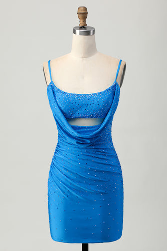 Blå Bodycon Cut Out Kort Homecoming Klänning med Beading