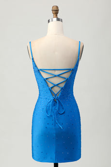 Blå Bodycon Cut Out Kort Homecoming Klänning med Beading