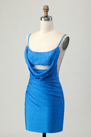Blå Bodycon Cut Out Kort Homecoming Klänning med Beading
